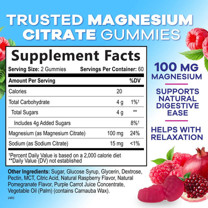Magnesium Citrate Gummies for Adults & Kids - High Absorption Magnesium Supplements - Premium Calm, Relaxation, Muscle, Nerve, Bone & Heart Support - Great-Tasting Vegan Gummy Supplement, 120 Gummies