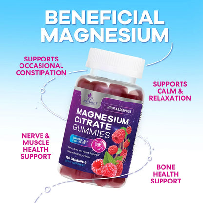 Magnesium Citrate Gummies for Adults & Kids - High Absorption Magnesium Supplements - Premium Calm, Relaxation, Muscle, Nerve, Bone & Heart Support - Great-Tasting Vegan Gummy Supplement, 120 Gummies