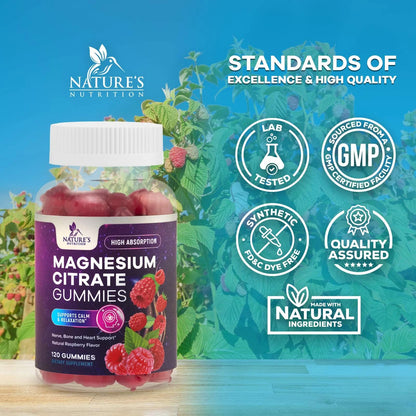 Magnesium Citrate Gummies for Adults & Kids - High Absorption Magnesium Supplements - Premium Calm, Relaxation, Muscle, Nerve, Bone & Heart Support - Great-Tasting Vegan Gummy Supplement, 120 Gummies